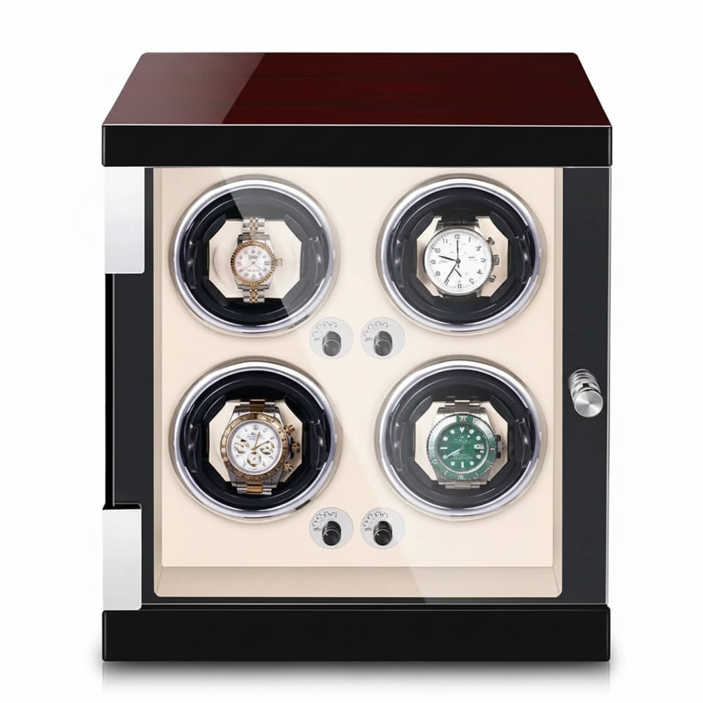Remontoir de montre automatique crème pour 4 montres en bois avec moteur silencieux et éclairage LED intégré.