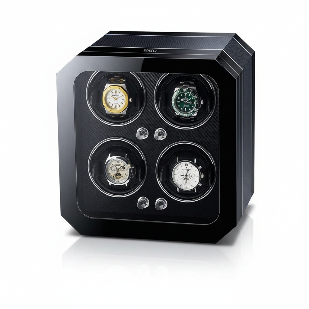 Remontoir automatique Gioco Carbone noir pour 4 montres avec finition en fibre de carbone et éclairage LED intégré.