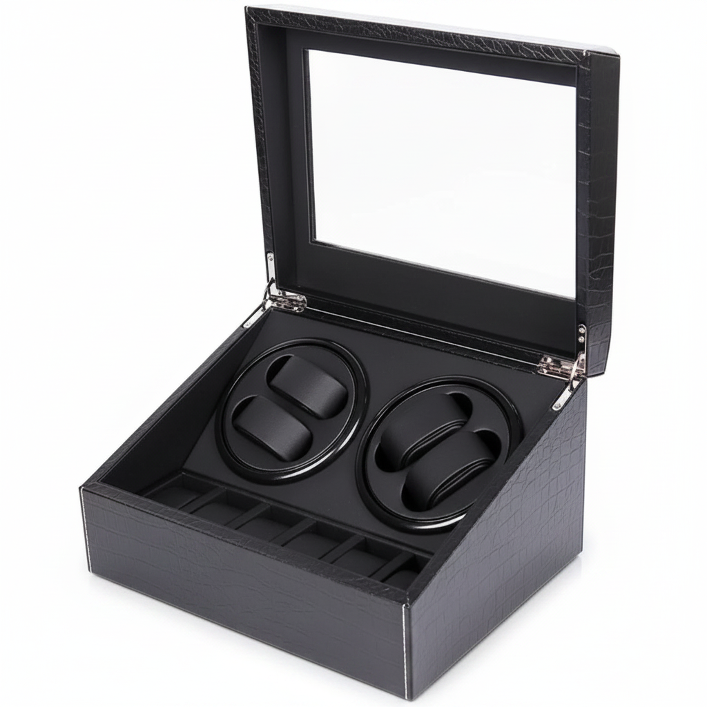 Remontoir de montre Roche Noire en cuir PU noir craquelé avec couvercle vitré, 4 emplacements rotatifs et 6 rangements.