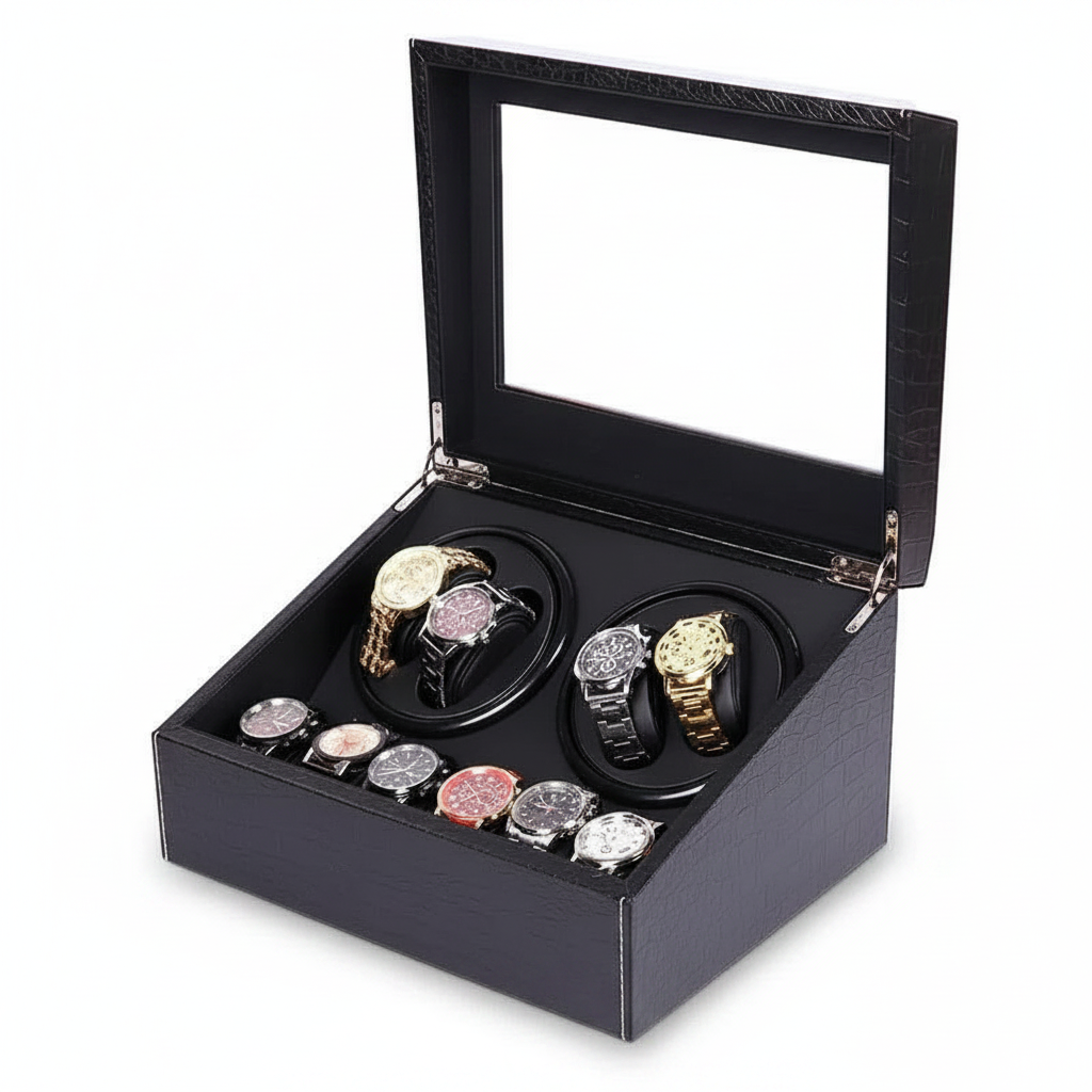 Remontoir de montre Roche Noire en cuir PU noir craquelé avec couvercle vitré, 4 emplacements rotatifs et 6 rangements fixes.