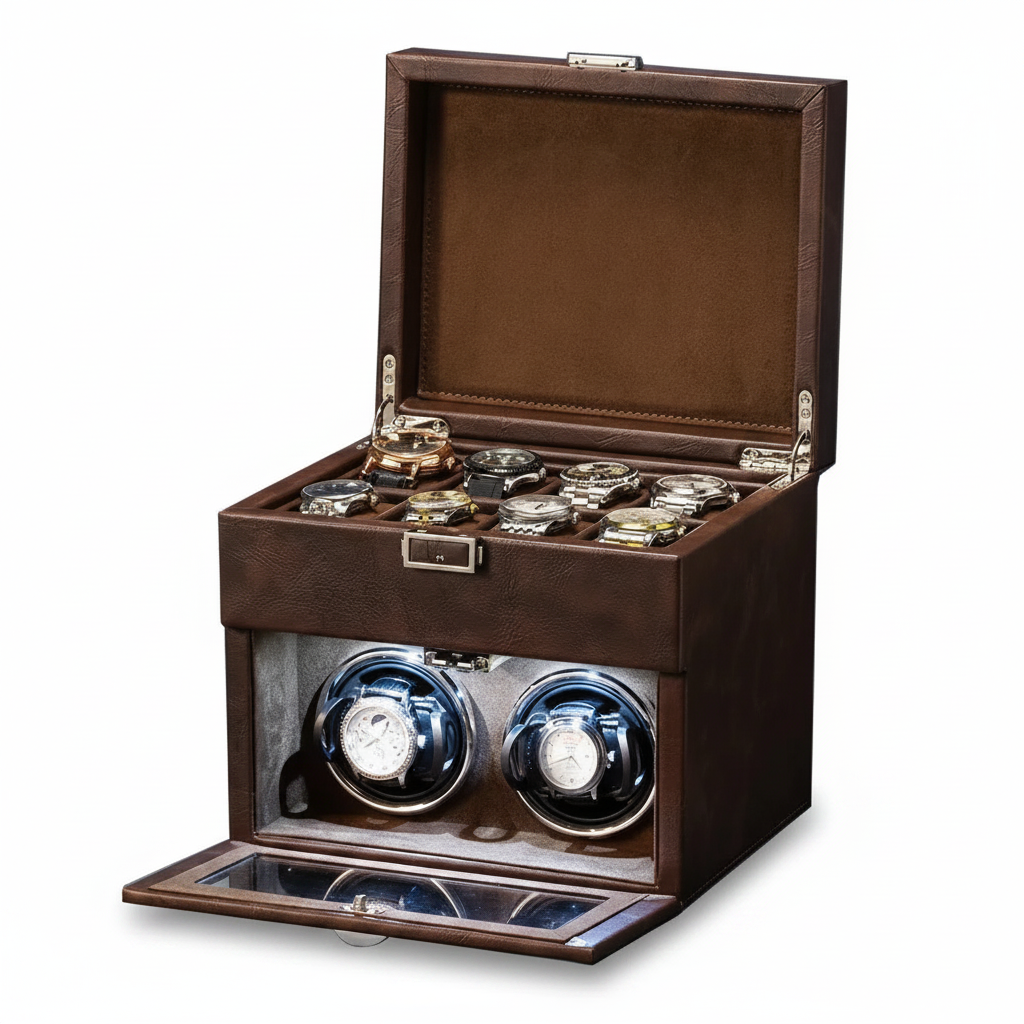 Remontoir à montre marron en cuir végétal avec rangement pour 2 montres automatiques et compartiment supérieur pour 8 montres.