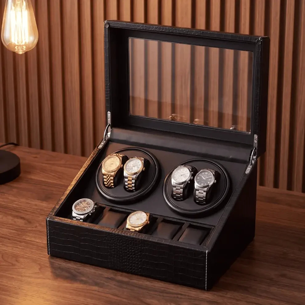 Remontoir de montre Roche Noire en cuir PU noir craquelé avec couvercle vitré, 4 emplacements rotatifs et 6 rangements fixes.