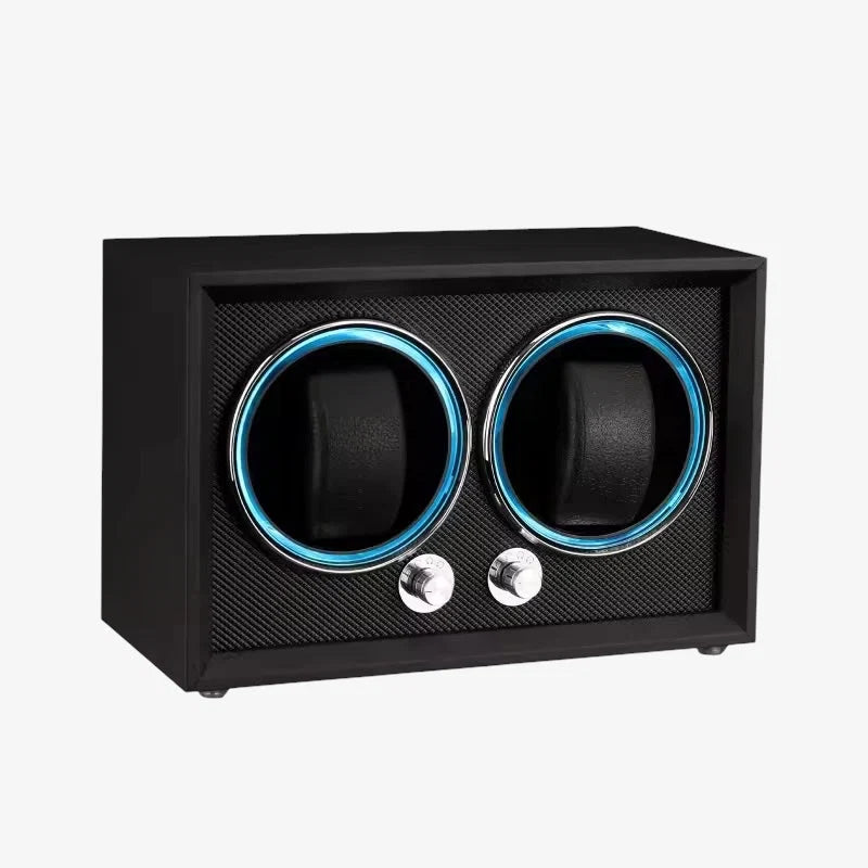 Remontoir double noir pour deux montres automatiques avec éclairage LED bleu, finition bois et intérieur en flanelle premium.