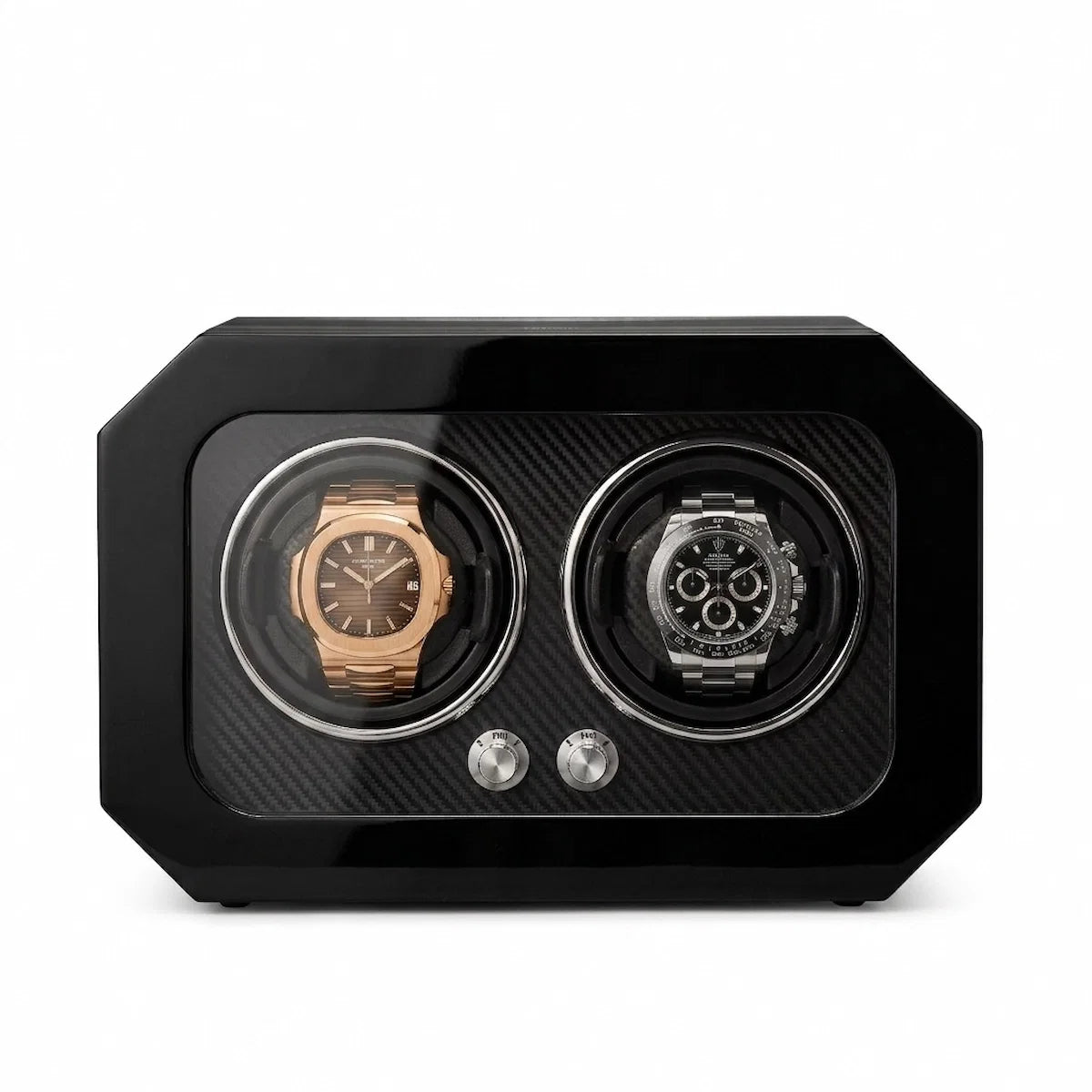 Remontoir noir en fibre de carbone pour deux montres avec façade en verre et boutons de contrôle rotatifs.