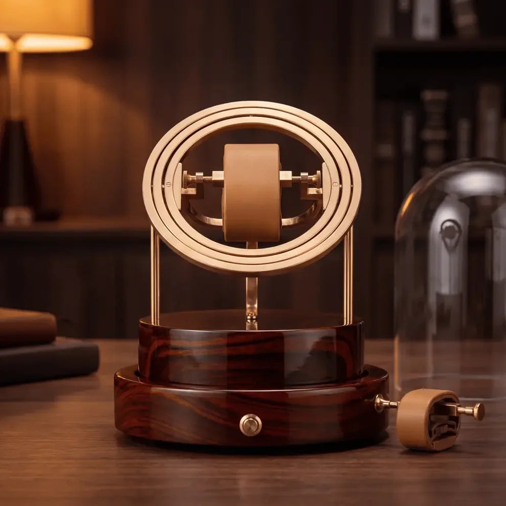 Remontoir montre Astronome Prestige doré et bois sombre avec mécanisme rotatif silencieux et cloche de protection en verre.