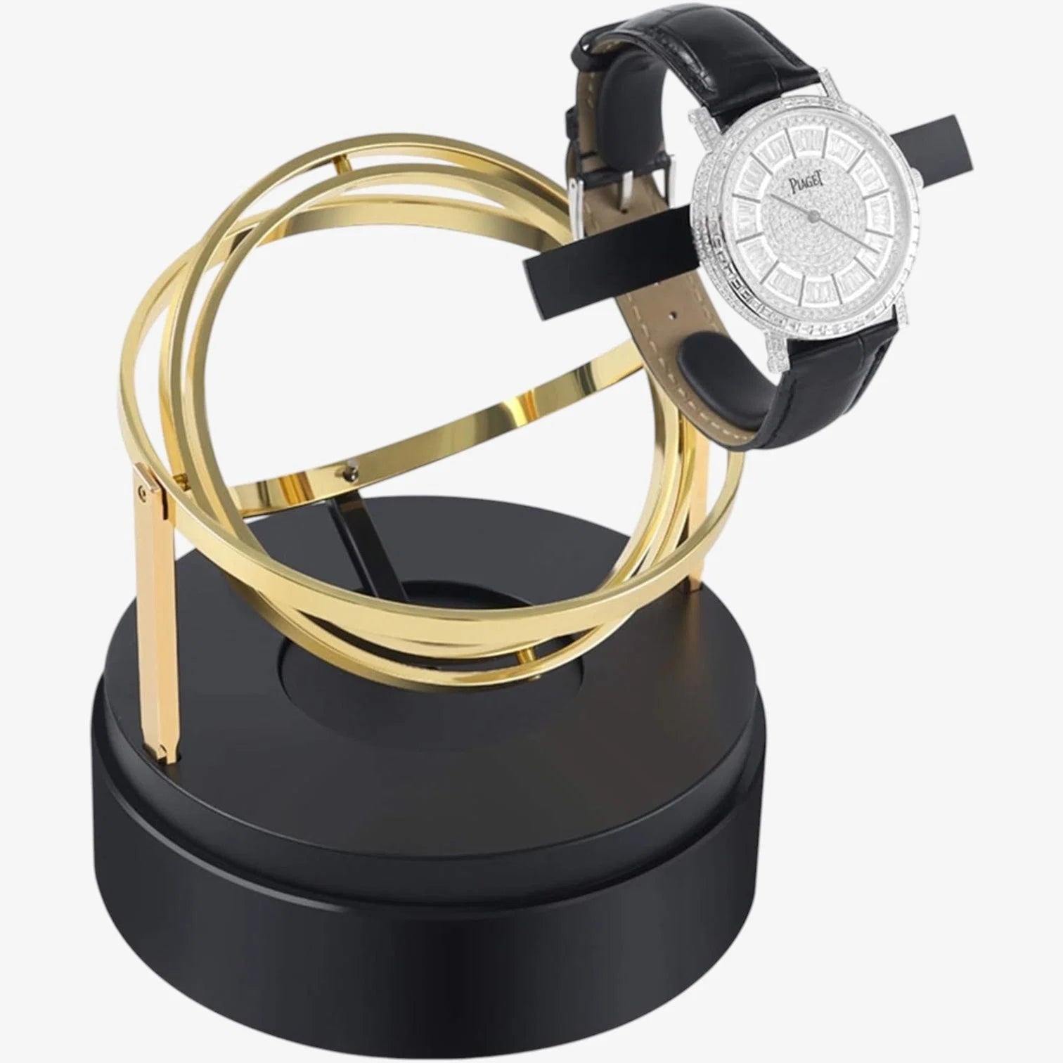 Remontoir de montre automatique Astronome doré au design sphérique moderne sur socle noir, avec une montre à bracelet cuir.