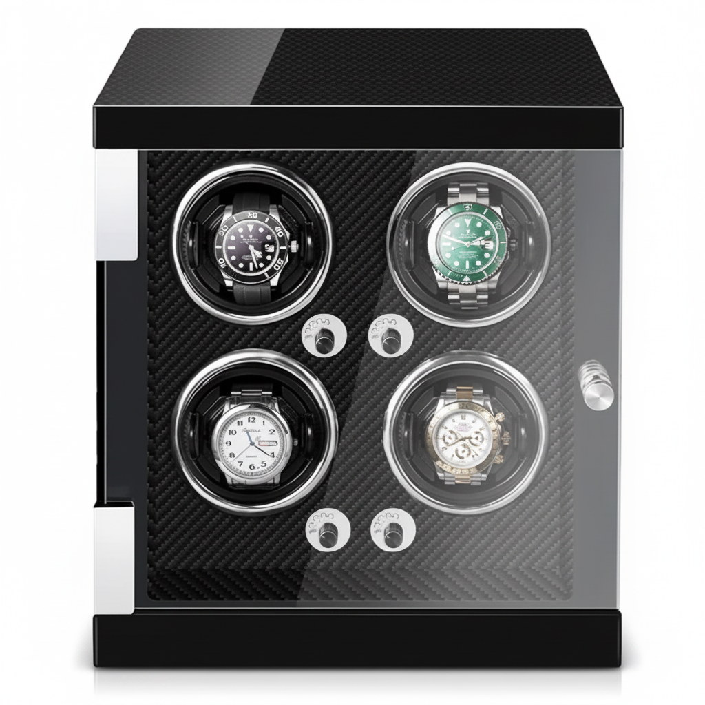 Remontoir pour 4 montres automatique en fibre de carbone noire avec porte vitrée et moteur silencieux.