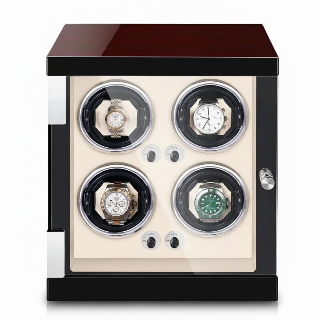 Remontoir de montre automatique crème pour 4 montres avec finition en bois élégante et moteur silencieux.