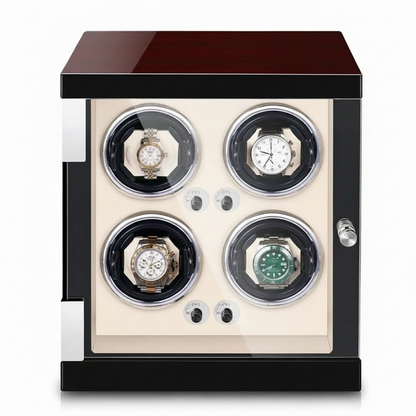 Remontoir de montre automatique crème pour 4 montres avec finition en bois élégante et moteur silencieux.