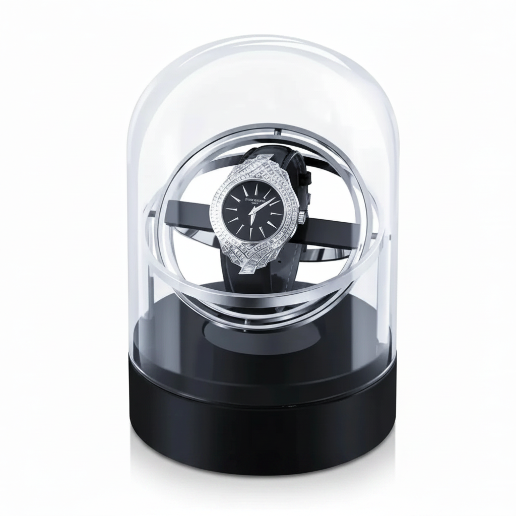 Remontoir de montre Astronome argenté en acier et verre avec base noire, design sphérique moderne pour une montre automatique.