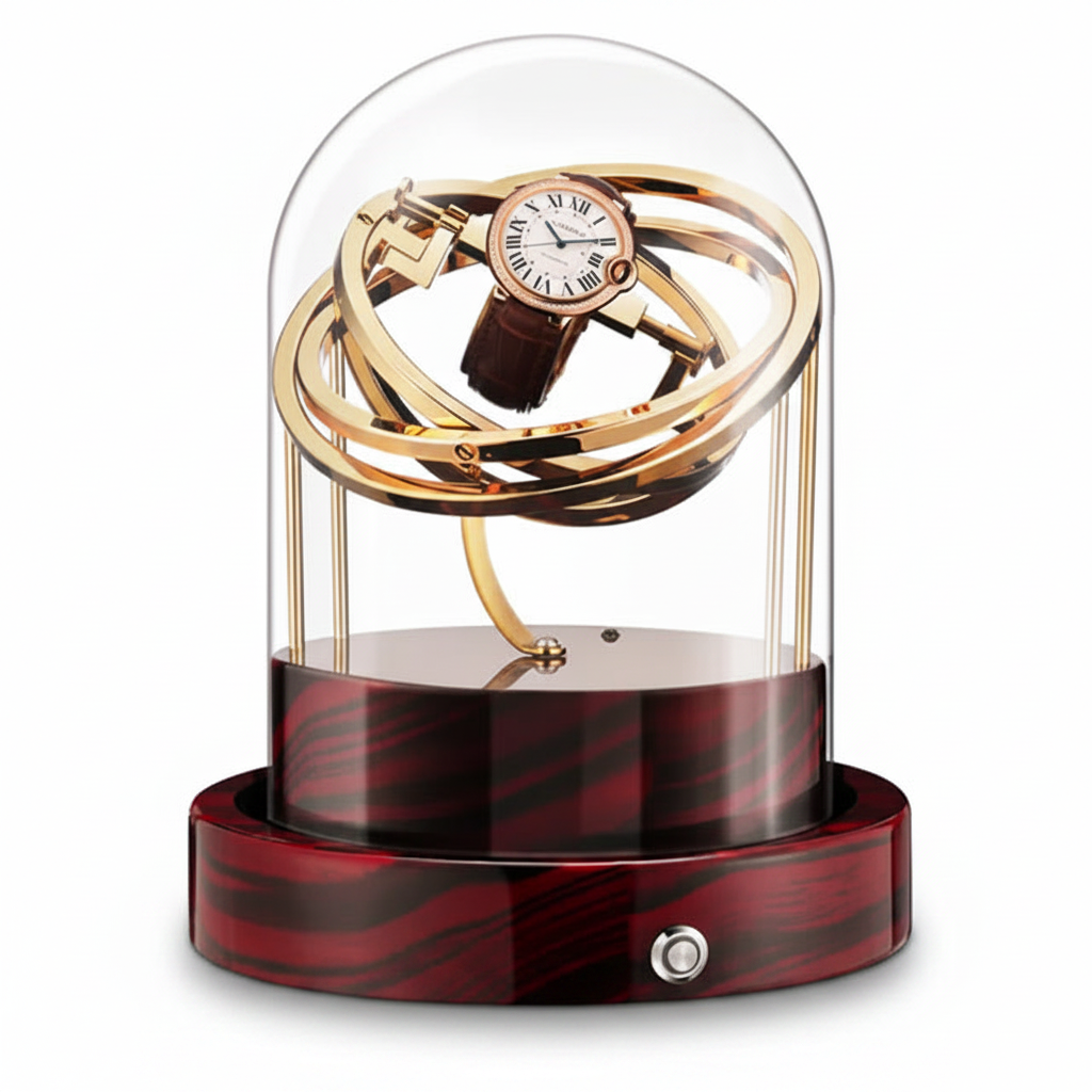Remontoir automatique Astronome Prestige doré sous cloche en verre avec socle en bois rouge et noir.