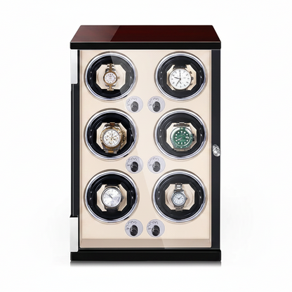 Remontoir automatique pour 6 montres en bois crème et marron avec moteur silencieux et vitrine de protection élégante.