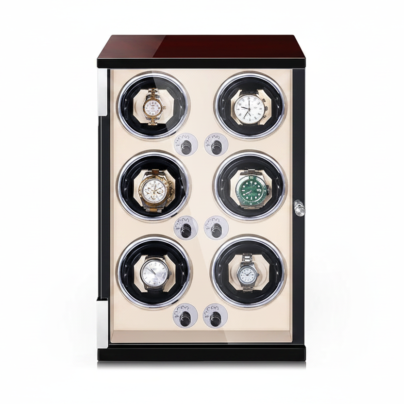 Remontoir automatique pour 6 montres en bois crème et marron avec moteur silencieux et vitrine de protection élégante.
