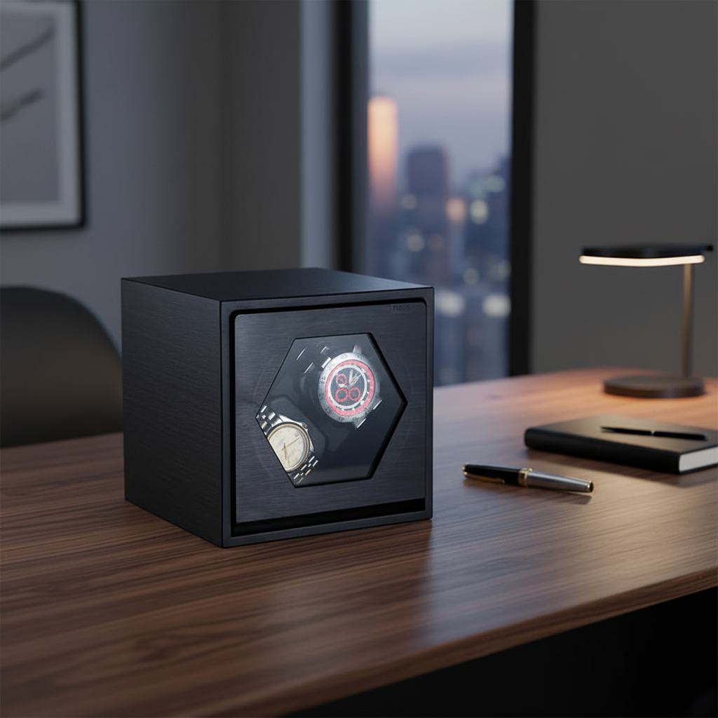 Remontoir Cube Prestige noir en aluminium avec deux emplacements pour montres automatiques sur un bureau en bois.