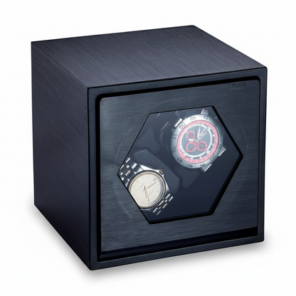 Remontoir de montre Cube Prestige noir en aluminium avec deux emplacements et fenêtre hexagonale pour montres automatiques.