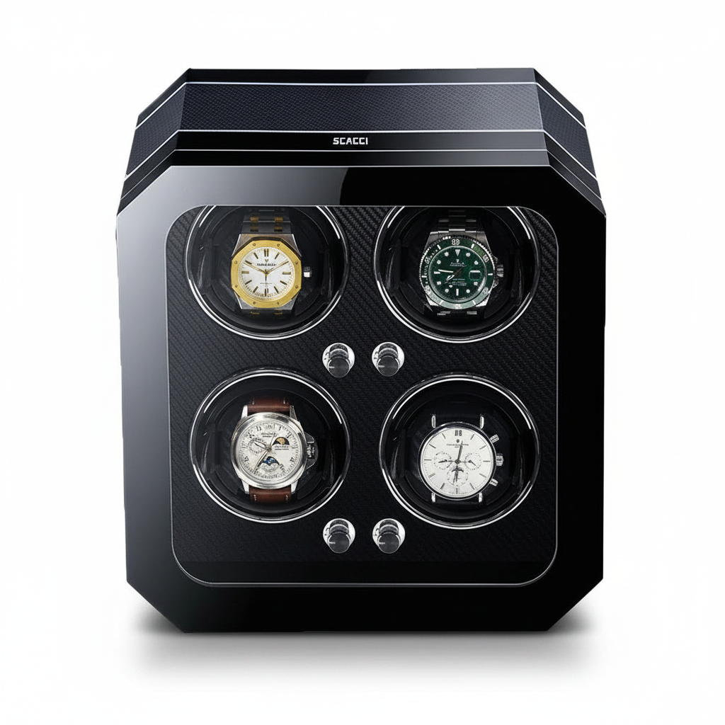 Remontoir de montre Gioco Carbone noir en fibre de carbone pour 4 montres automatiques avec éclairage LED intégré.