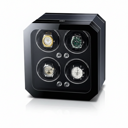 Remontoir automatique Gioco Carbone noir pour 4 montres avec finition en fibre de carbone et éclairage LED intégré.