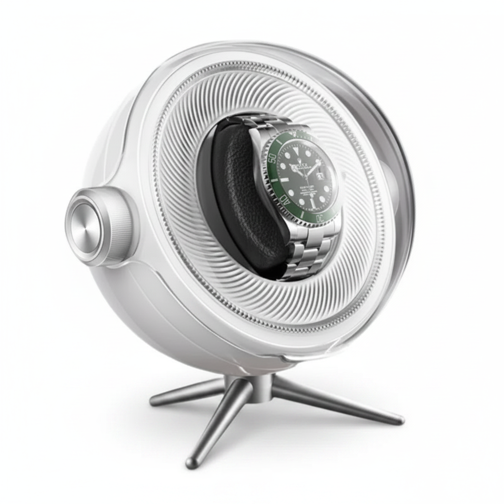 Remontoir montre Tripode Solo blanc au design sphérique moderne avec support trépied, contenant une montre automatique.