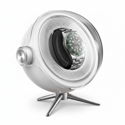 Remontoir montre Tripode Solo blanc au design sphérique moderne avec support trépied, contenant une montre automatique.