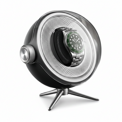Remontoir de montre Tripode Solo noir au design sphérique moderne avec support trépied et montre automatique à cadran vert.