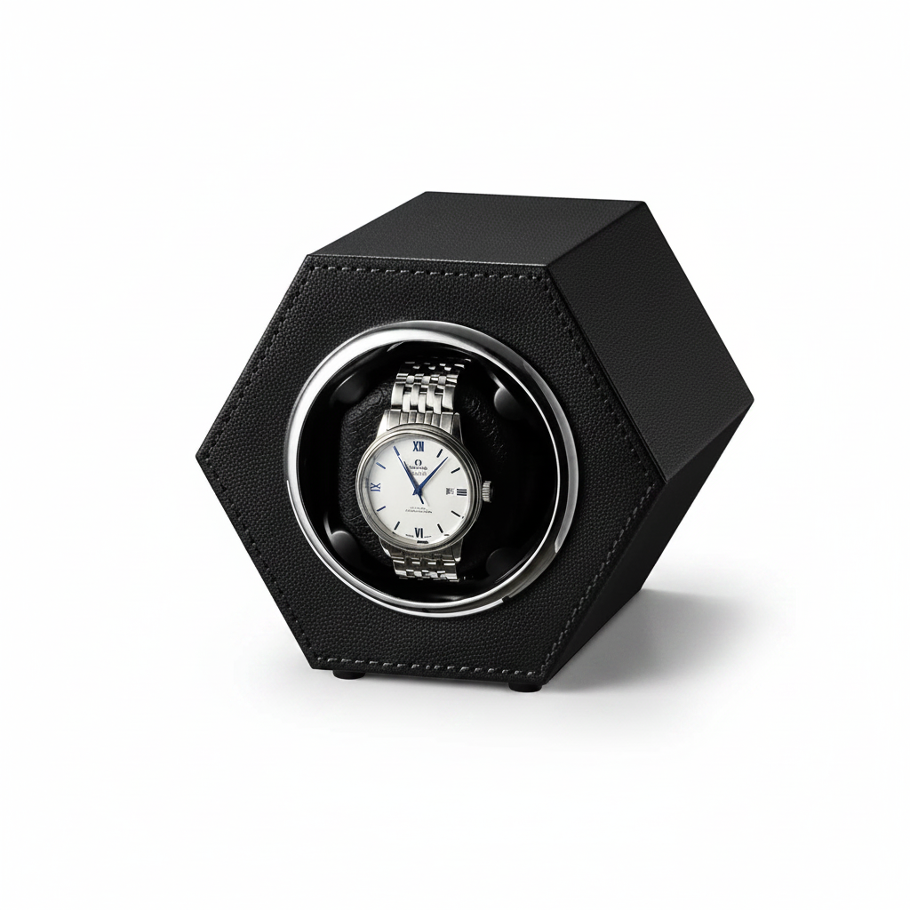 Remontoir de montre hexagonal noir en cuir végan avec une montre automatique à cadran blanc sur fond blanc.