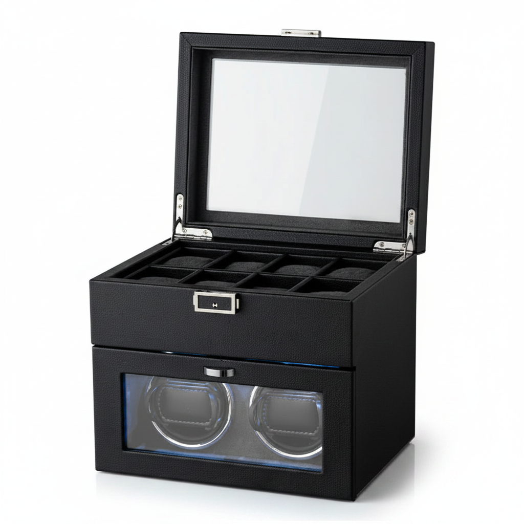 Remontoir à montre noir en cuir végétal pour 2 montres avec éclairage LED et compartiment de rangement supérieur.