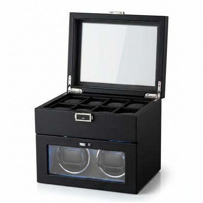 Remontoir à montre noir en cuir végétal pour 2 montres avec éclairage LED et compartiment de rangement supérieur.