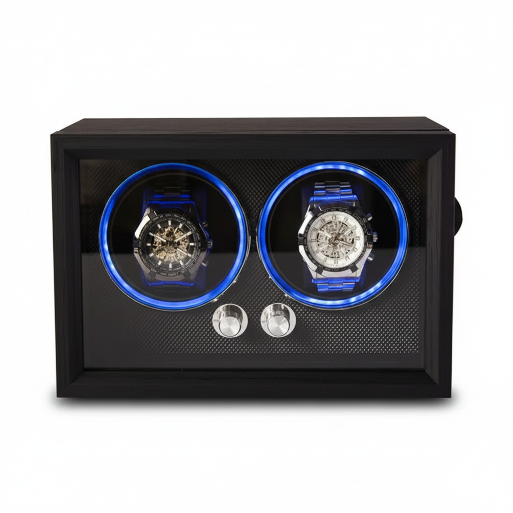 Remontoir double noir pour deux montres automatiques avec éclairage LED bleu, façade en bois et couvercle en acrylique.