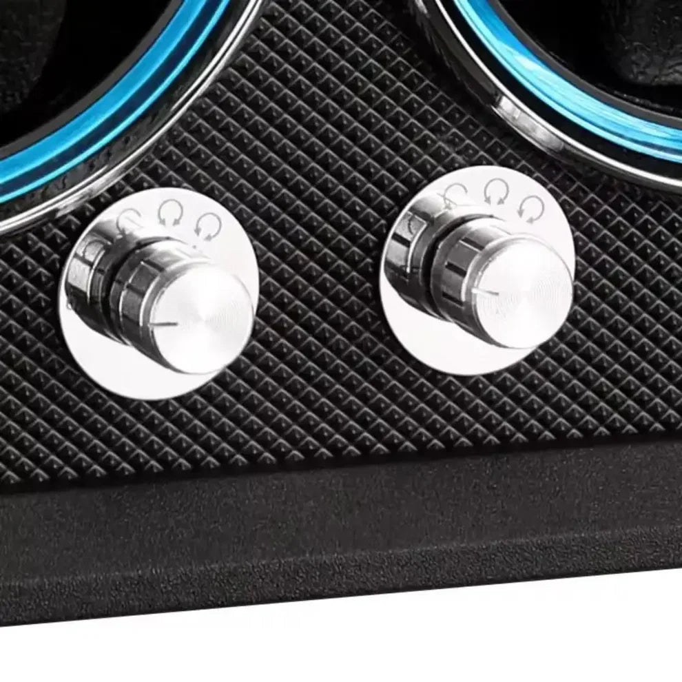Remontoir double noir avec deux boutons de contrôle rotatifs en métal et finitions texturées pour montres automatiques.