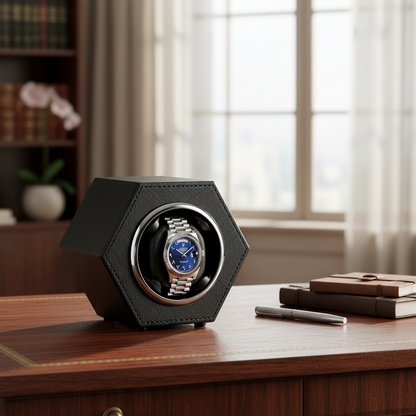 Remontoir de montre hexagonal noir en cuir végan avec une montre automatique à cadran bleu sur un bureau en bois.