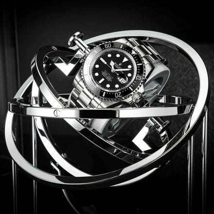 Remontoir automatique Astronome Comète noir et argent en métal, design sphérique moderne pour une montre de luxe.