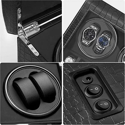Remontoir de montre Roche Noire en cuir PU noir craquelé avec 4 emplacements rotatifs et 6 rangements pour montres automatiques.