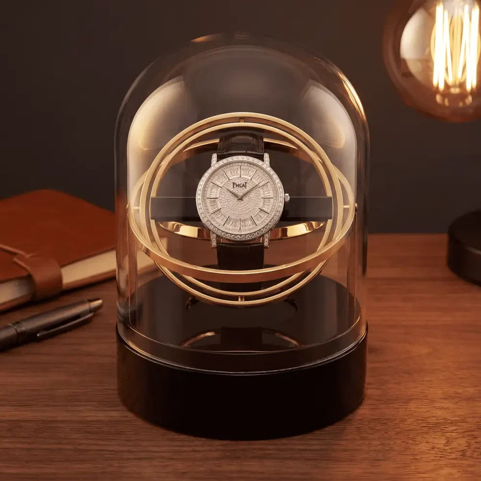 Remontoir automatique doré pour une montre, sous cloche en verre avec base noire élégante sur un bureau en bois.