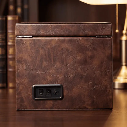 Remontoir pour deux montres en cuir végétal marron avec interrupteurs de contrôle et port d'alimentation arrière.