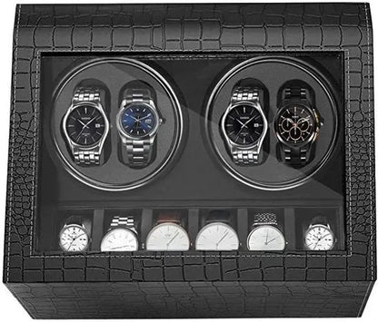 Remontoir automatique Roche Noire en cuir PU noir craquelé avec 4 emplacements rotatifs et 6 rangements pour montres.