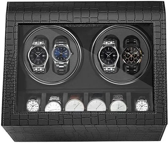 Remontoir automatique Roche Noire en cuir PU noir craquelé avec 4 emplacements rotatifs et 6 rangements pour montres.