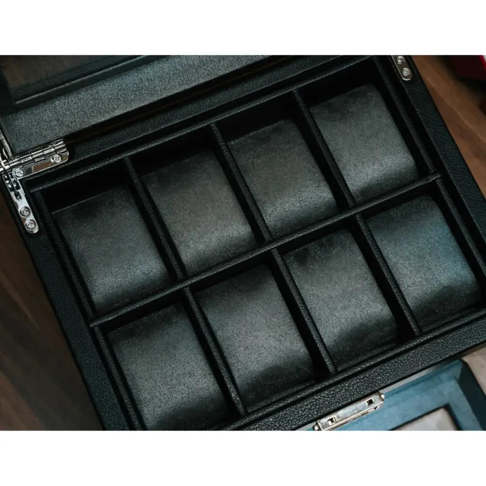 Coffret remontoir noir en cuir végétal avec huit emplacements de rangement pour montres automatiques.