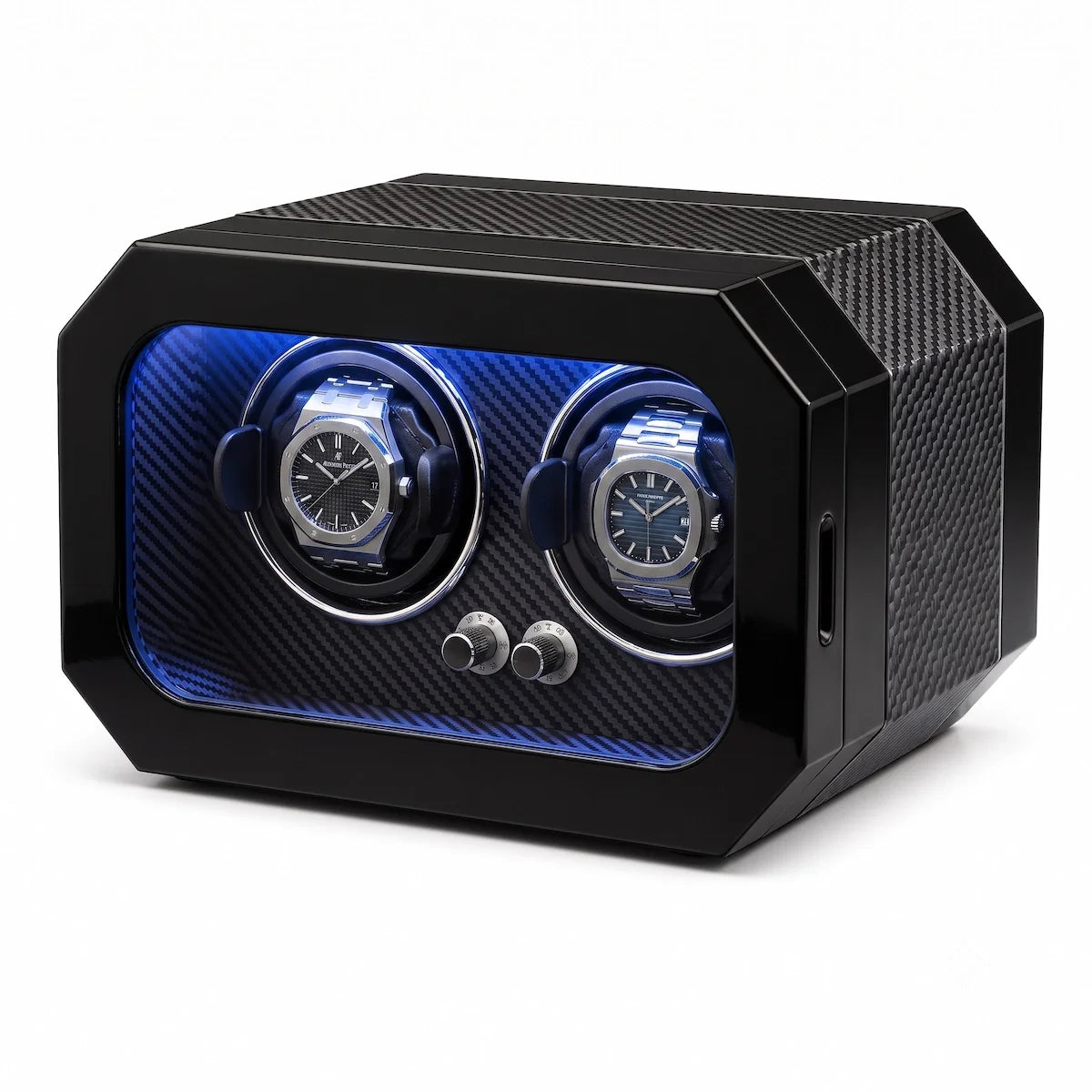 Remontoir pour 2 montres en fibre de carbone noire avec éclairage LED bleu et moteurs silencieux.