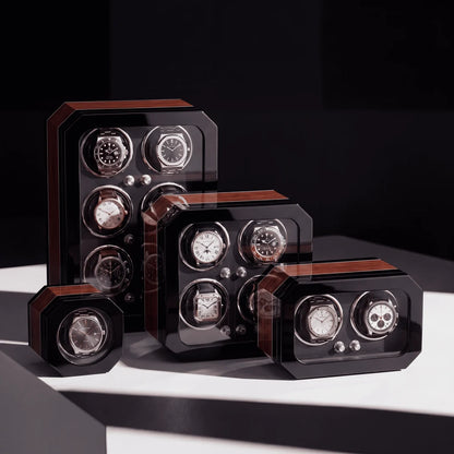 Remontoir à montres en bois et fibre de carbone noire, design élégant avec éclairage LED pour 2 montres automatiques.